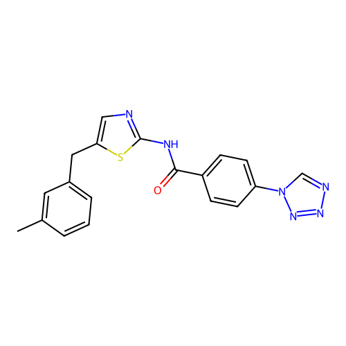 N-[5-[(3-methylphenyl)methyl]-1,3-thiazol-2-yl]-4-(tetrazol-1-yl)benzamide structure
