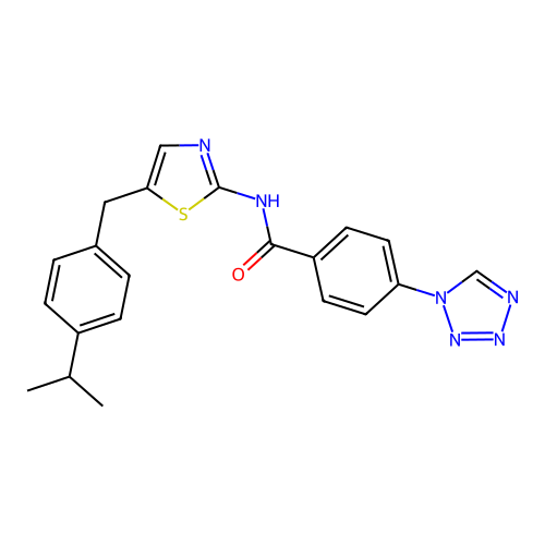 N-[5-[(4-propan-2-ylphenyl)methyl]-1,3-thiazol-2-yl]-4-(tetrazol-1-yl)benzamide structure