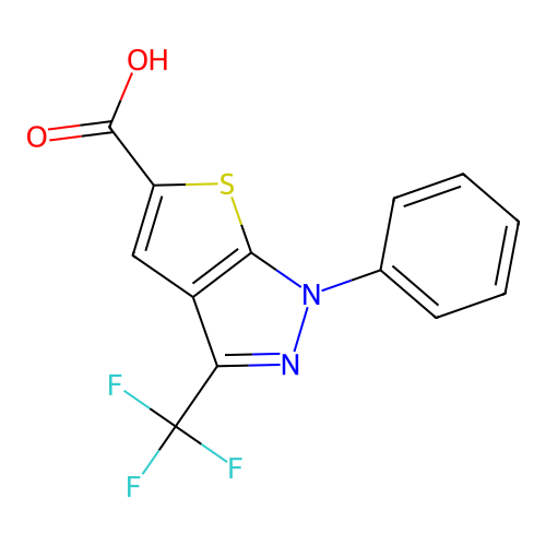 1-phenyl-3-(trifluoromethyl)-1H-thieno[2,3-c]pyrazole-5-carboxylic acid structure