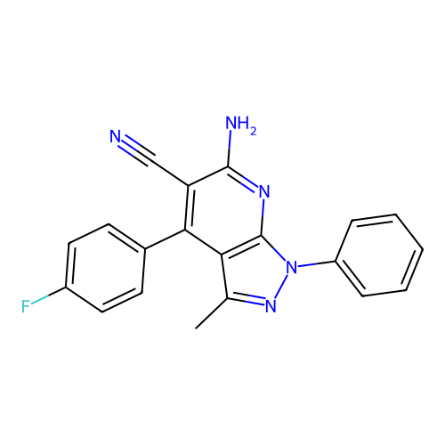 6-amino-4-(4-fluorophenyl)-3-methyl-1-phenyl-5-pyrazolo[3,4-b]pyridinecarbonitrile structure