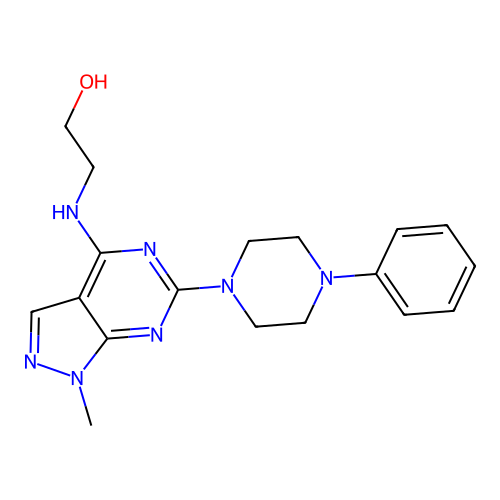 2-((1-methyl-6-(4-phenylpiperazin-1-yl)-1H-pyrazolo[3,4-d]pyrimidin-4-yl)amino)ethanol structure