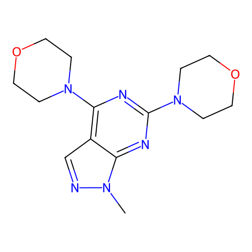 1-methyl-4,6-di(morpholin-4-yl)-1H-pyrazolo[3,4-d]pyrimidine structure
