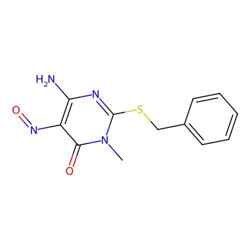 6-amino-2-(benzylsulfanyl)-3-methyl-5-nitrosopyrimidin-4(3H)-one structure