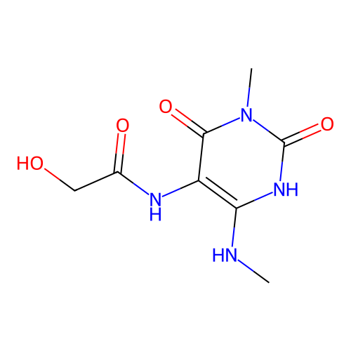 2-hydroxy-N-[3-methyl-6-(methylamino)-2,4-dioxo-1,2,3,4-tetrahydropyrimidin-5-yl]acetamide structure