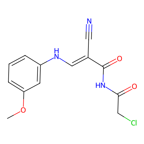 N-(chloroacetyl)-2-cyano-3-(3-methoxyanilino)acrylamide structure