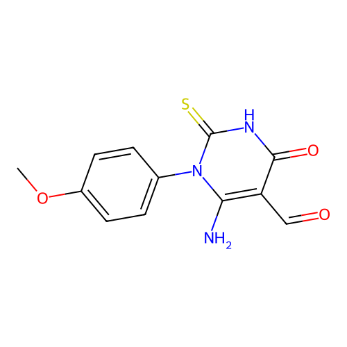 6-amino-1-(4-methoxyphenyl)-4-oxo-2-thioxo-1,2,3,4-tetrahydro-5-pyrimidinecarbaldehyde structure