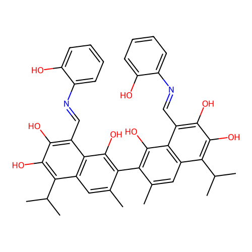 8,8'-bis((E)-((2-hydroxyphenyl)imino)methyl)-5,5'-diisopropyl-3,3'-dimethyl-2,2'-binaphthalene-1,1',6,6',7,7'-hexol structure