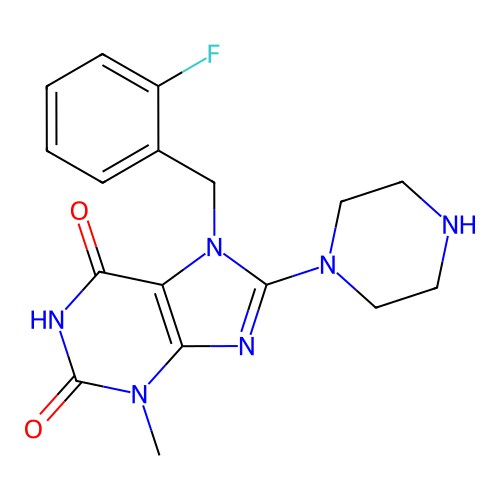 7-(2-fluorobenzyl)-3-methyl-8-(piperazin-1-yl)-1H-purine-2,6(3H,7H)-dione structure