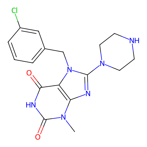 7-(3-chlorobenzyl)-3-methyl-8-(piperazin-1-yl)-1H-purine-2,6(3H,7H)-dione structure