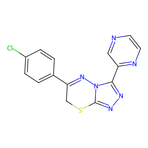 6-(4-chlorophenyl)-3-(pyrazin-2-yl)-7H-[1,2,4]triazolo[3,4-b][1,3,4]thiadiazine structure