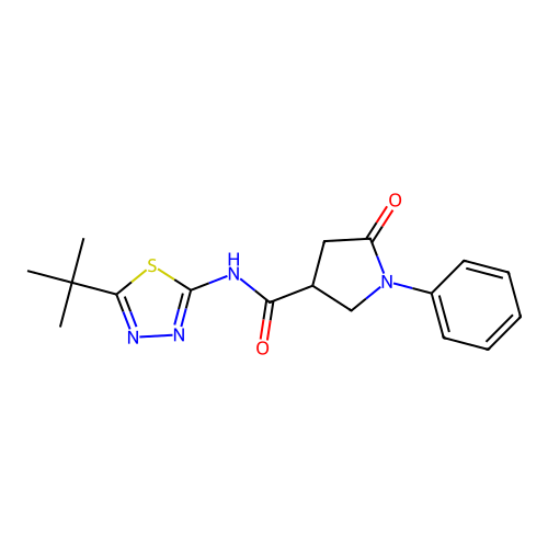 N-(5-tert-butyl-1,3,4-thiadiazol-2-yl)-5-oxo-1-phenylpyrrolidine-3-carboxamide structure