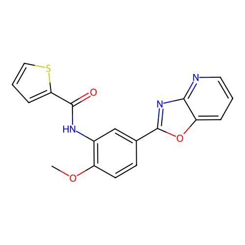 N-(2-methoxy-5-[1,3]oxazolo[4,5-b]pyridin-2-ylphenyl)-2-thiophenecarboxamide structure