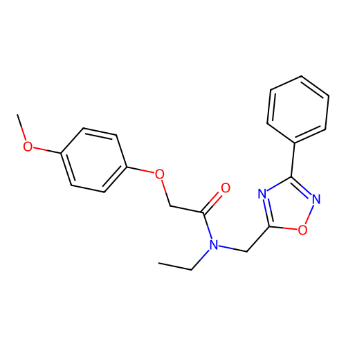 N-ethyl-2-(4-methoxyphenoxy)-N-[(3-phenyl-1,2,4-oxadiazol-5-yl)methyl]acetamide structure