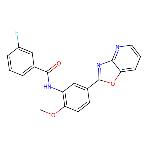 3-fluoro-N-[2-methoxy-5-([1,3]oxazolo[4,5-b]pyridin-2-yl)phenyl]benzamide structure