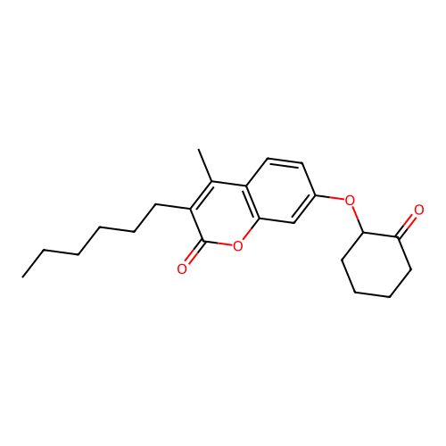 3-hexyl-4-methyl-7-[(2-oxocyclohexyl)oxy]-2H-chromen-2-one structure