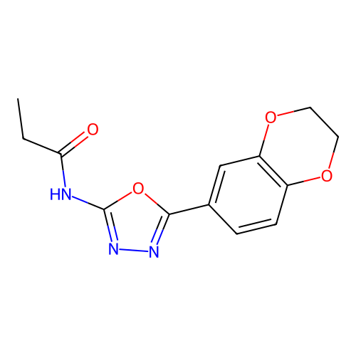 N-[5-(2,3-dihydro-1,4-benzodioxin-6-yl)-1,3,4-oxadiazol-2-yl]propanamide structure