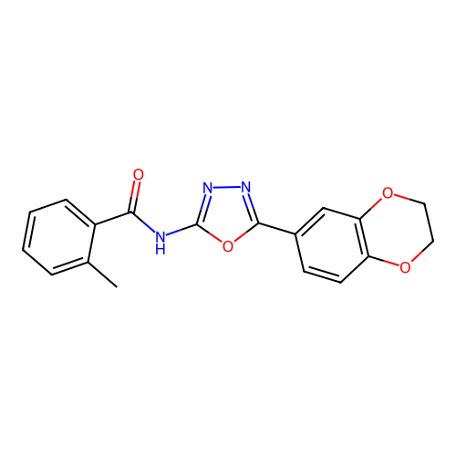 N-[5-(2,3-dihydro-1,4-benzodioxin-6-yl)-1,3,4-oxadiazol-2-yl]-2-methylbenzamide structure