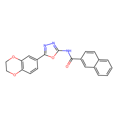 N-[5-(2,3-dihydro-1,4-benzodioxin-6-yl)-1,3,4-oxadiazol-2-yl]naphthalene-2-carboxamide structure