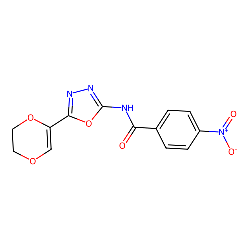N-(5-(5,6-dihydro-1,4-dioxin-2-yl)-1,3,4-oxadiazol-2-yl)-4-nitrobenzamide structure