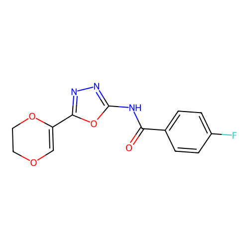 N-(5-(5,6-dihydro-1,4-dioxin-2-yl)-1,3,4-oxadiazol-2-yl)-4-fluorobenzamide structure