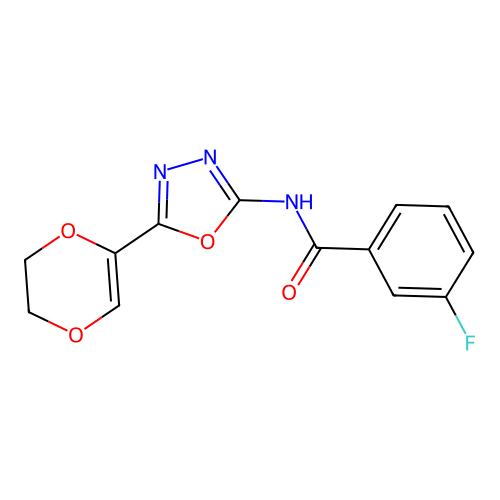 N-[5-(2,3-dihydro-1,4-dioxin-5-yl)-1,3,4-oxadiazol-2-yl]-3-fluorobenzamide structure