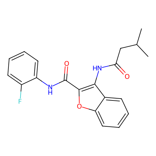 N-(2-fluorophenyl)-3-(3-methylbutanamido)benzofuran-2-carboxamide structure