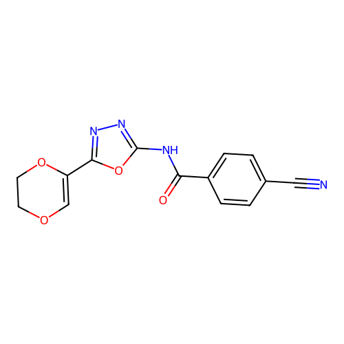 4-cyano-N-(5-(5,6-dihydro-1,4-dioxin-2-yl)-1,3,4-oxadiazol-2-yl)benzamide structure