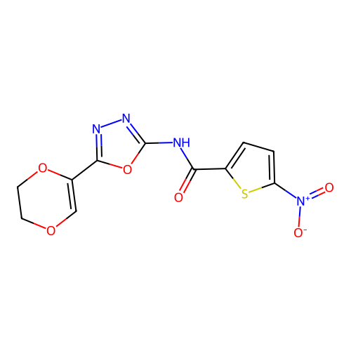 N-[5-(2,3-dihydro-1,4-dioxin-5-yl)-1,3,4-oxadiazol-2-yl]-5-nitro-2-thiophenecarboxamide structure