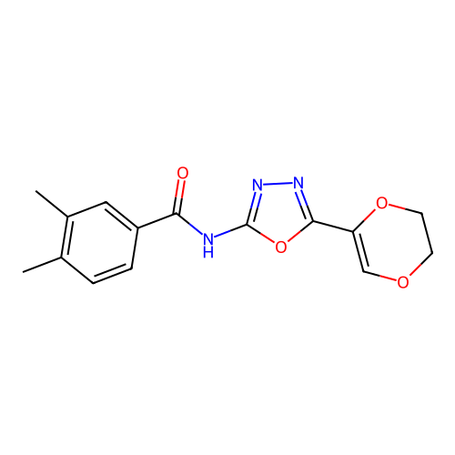 N-[5-(2,3-dihydro-1,4-dioxin-5-yl)-1,3,4-oxadiazol-2-yl]-3,4-dimethylbenzamide structure