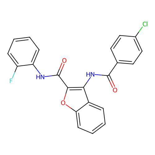 3-(4-chlorobenzamido)-N-(2-fluorophenyl)benzofuran-2-carboxamide structure