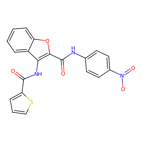 N-(4-nitrophenyl)-3-(thiophene-2-carboxamido)benzofuran-2-carboxamide structure