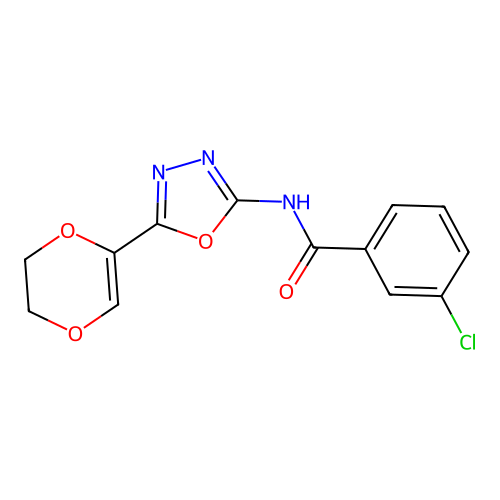 3-chloro-N-(5-(5,6-dihydro-1,4-dioxin-2-yl)-1,3,4-oxadiazol-2-yl)benzamide structure