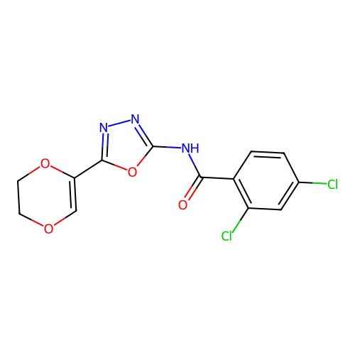 2,4-dichloro-N-(5-(5,6-dihydro-1,4-dioxin-2-yl)-1,3,4-oxadiazol-2-yl)benzamide structure