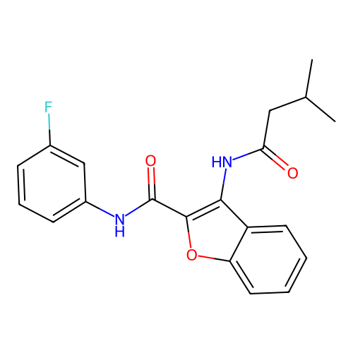 N-(3-fluorophenyl)-3-(3-methylbutanamido)benzofuran-2-carboxamide structure