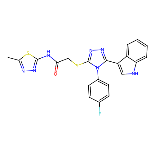 2-{[4-(4-fluorophenyl)-5-(1H-indol-3-yl)-4H-1,2,4-triazol-3-yl]sulfanyl}-N-(5-methyl-1,3,4-thiadiazol-2-yl)acetamide structure