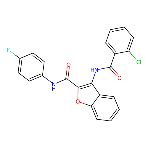 3-(2-chlorobenzamido)-N-(4-fluorophenyl)benzofuran-2-carboxamide structure