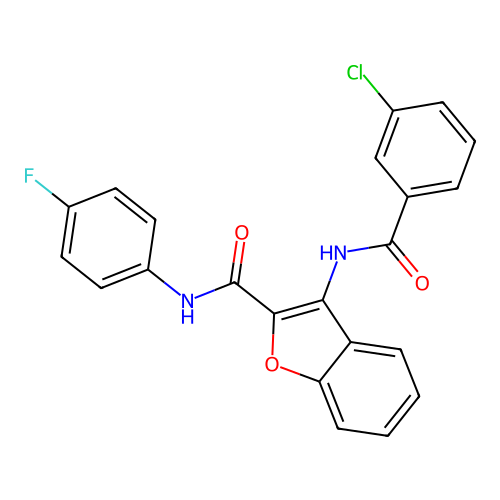 3-(3-chlorobenzamido)-N-(4-fluorophenyl)benzofuran-2-carboxamide structure