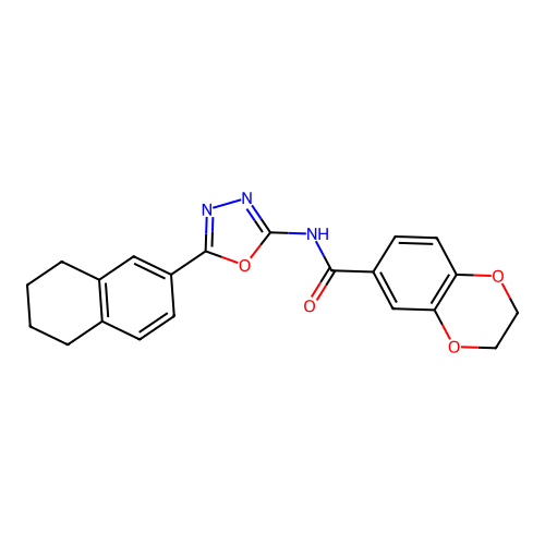 N-[5-(5,6,7,8-tetrahydronaphthalen-2-yl)-1,3,4-oxadiazol-2-yl]-2,3-dihydro-1,4-benzodioxine-6-carboxamide structure