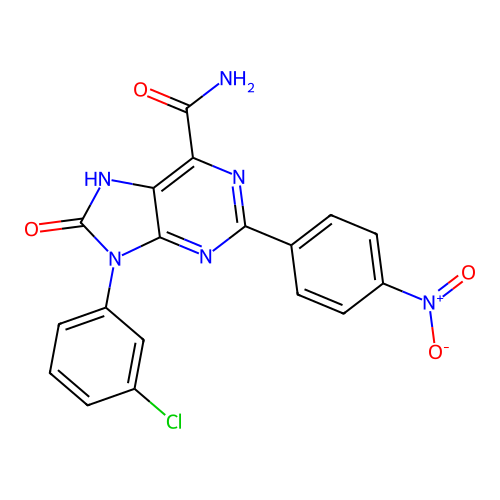 9-(3-chlorophenyl)-2-(4-nitrophenyl)-8-oxo-8,9-dihydro-7H-purine-6-carboxamide structure