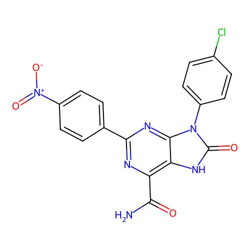 9-(4-chlorophenyl)-2-(4-nitrophenyl)-8-oxo-8,9-dihydro-7H-purine-6-carboxamide structure