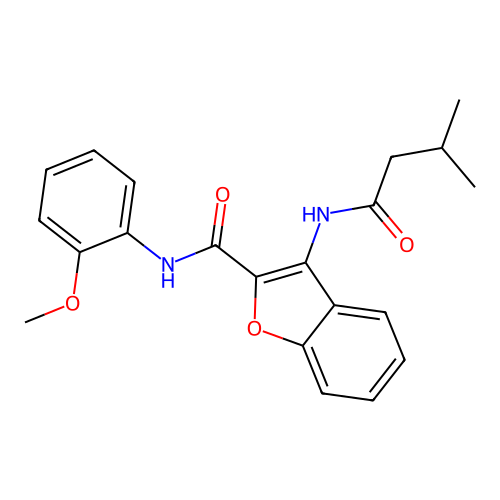 N-(2-methoxyphenyl)-3-(3-methylbutanamido)benzofuran-2-carboxamide structure