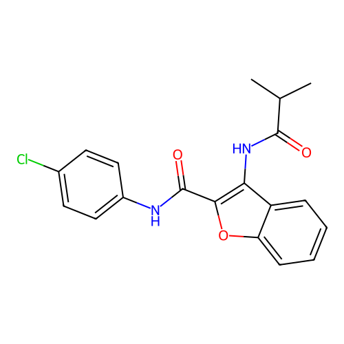 N-(4-chlorophenyl)-3-isobutyramidobenzofuran-2-carboxamide structure