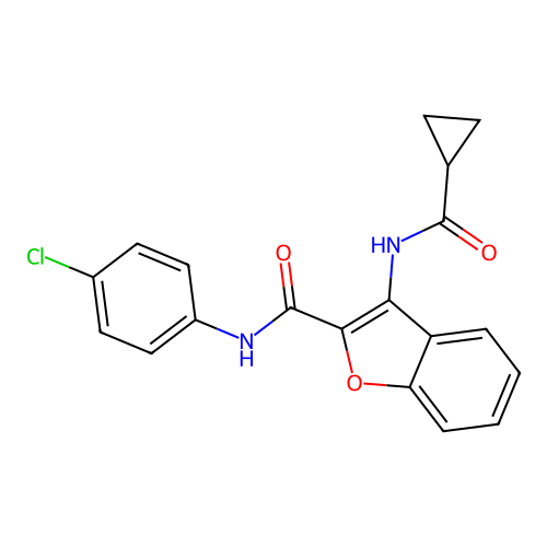 N-(4-chlorophenyl)-3-(cyclopropanecarboxamido)benzofuran-2-carboxamide structure