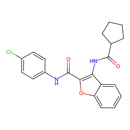 N-(4-chlorophenyl)-3-(cyclopentanecarboxamido)benzofuran-2-carboxamide structure