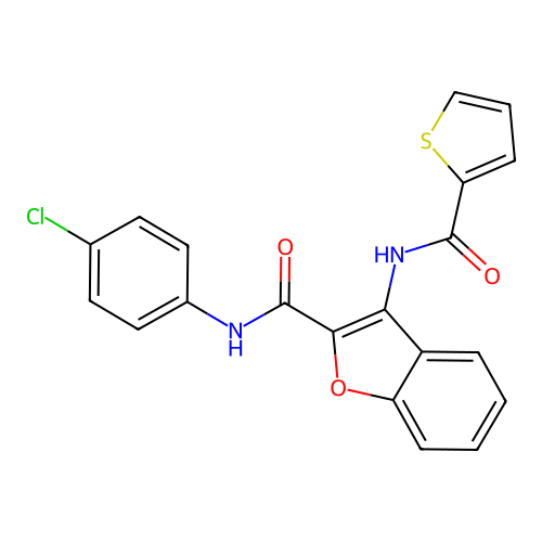 N-(4-chlorophenyl)-3-(thiophene-2-carboxamido)benzofuran-2-carboxamide structure