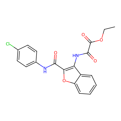 Ethyl 2-((2-((4-chlorophenyl)carbamoyl)benzofuran-3-yl)amino)-2-oxoacetate structure