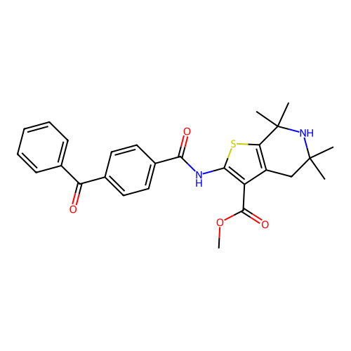 methyl 2-(4-benzoylbenzamido)-5,5,7,7-tetramethyl-4,5,6,7-tetrahydrothieno[2,3-c]pyridine-3-carboxylate structure