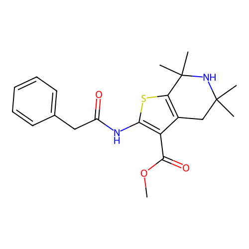 methyl 5,5,7,7-tetramethyl-2-(2-phenylacetamido)-4,5,6,7-tetrahydrothieno[2,3-c]pyridine-3-carboxylate structure