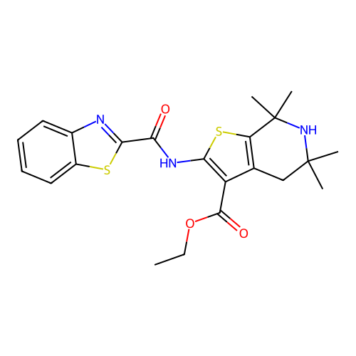 ethyl 2-(1,3-benzothiazol-2-ylcarbonylamino)-5,5,7,7-tetramethyl-1-thia-6-aza-4,5,6,7-tetrahydro-3-indenecarboxylate structure