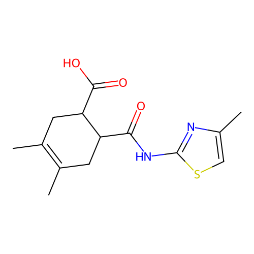 3,4-dimethyl-6-[(4-methyl-1,3-thiazol-2-yl)carbamoyl]cyclohex-3-ene-1-carboxylic acid structure
